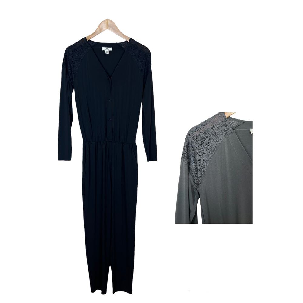 NEW H by Halston Charcoal Black Pant Jumpsuit with Lace Shoulder Size XS